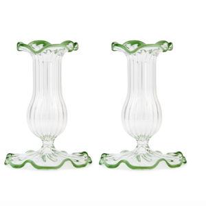 Set-Of-Two Small Scalloped Glass Candle Sticks | Green