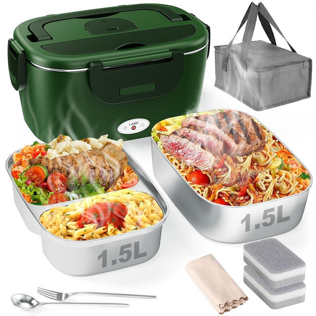 Geveniss Electric Lunch Box for Men, Women & Adults - 80W Fast Heating - Heated Lunch Box with Dual 1.5L SS Containers - Portable Food Warmer for Car, Truck, Office-GN