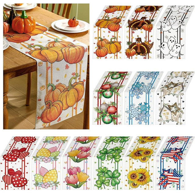 Honeydak 12 Pcs Holiday Table Runner Seasonal Farmhouse Table Decor 13 x 72 Inch Summer Fall Halloween Thanksgiving Christmas Decorations for Home Party Dining Room Kitchen