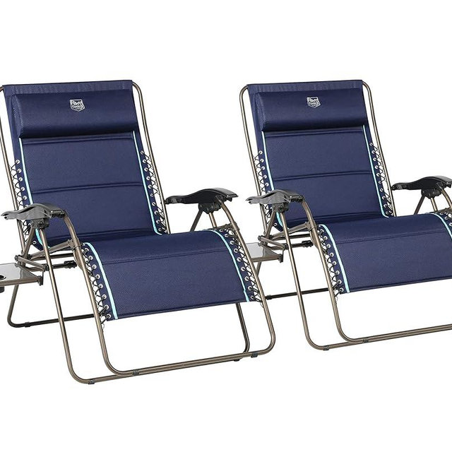 Timber Ridge Oversized Zero Gravity Chair, 33In Wide XXL Zero Gravity Reclining Chair with Side Table, Full Padded Lounge Chair for Outdoor Camping Patio Lawn, Heavy Duty Supports 500lbs, Blue-2 Pack