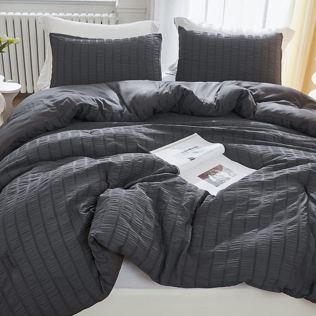 Litanika Dark Gray Comforter Full Size Set, Grey Lightweight Boys Men Seersucker Bedding Comforters Sets, 3 Pieces All Season Fluffy Bed Set (79x90In Comforter & 2 Pillowcases)