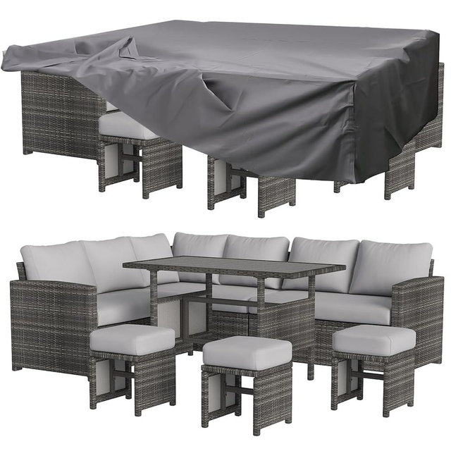 U-MAX 7 Pieces Patio Furniture Set with Waterproof Cover, Outdoor Sectional Sofa Conversation Set, All Weather Wicker Rattan Dining Table & Chair with Ottoman, Grey Rattan&Light Grey Cushion