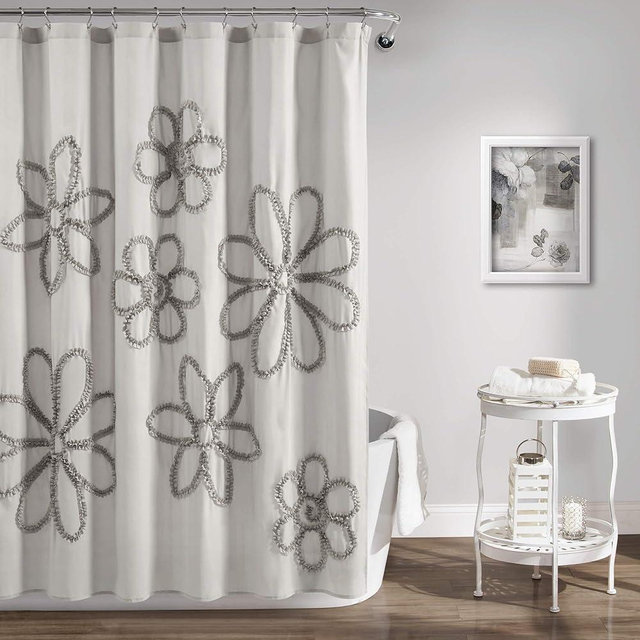 Lush Decor Light-Gray Ruffle Flower Polyester Shower Curtain (72" x 72")