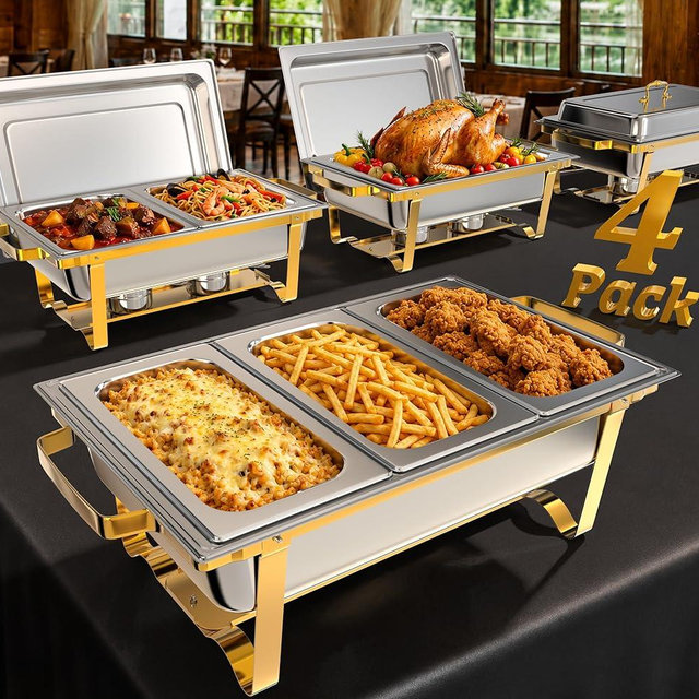Amhier Chafing Dishes for Buffet, 4 Pack 9QT Chafing Dishes with 7 Multi-Size Food Pans, Stainless Steel Chafers and Buffet Warmers Sets for Partires and Weddings, Gold