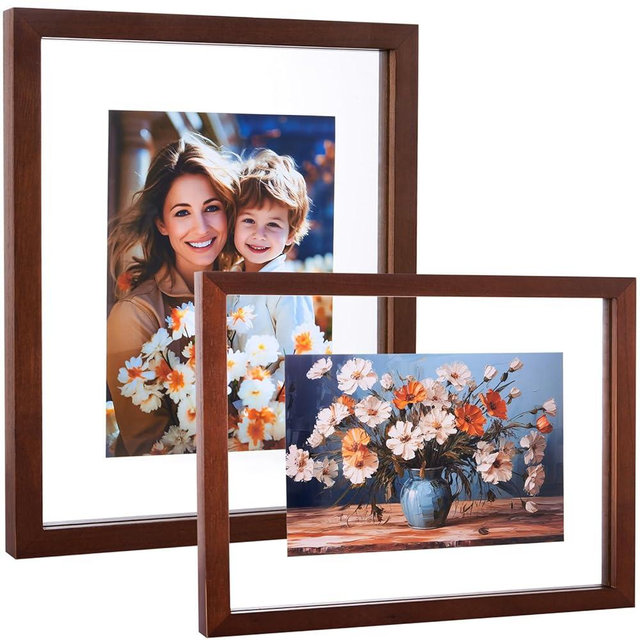 DLQuarts 8x10 Floating Photo Picture Frame, Floating Display 6x8, 5x7,or Full Display 8x10 Photos, Solid Wood, Double Glass, 2 Pack, Dark Walnut