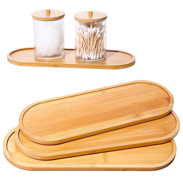 Chengu 3 Pcs Bamboo Vanity Trays for Bathroom Small Wooden Serving Tray for Bathroom Counter Food Appetizer Tea Dessert Kitchen Candle Tissue Toilet Tank Home Decor, 11 x 4 Inch(Oval Edge Style)