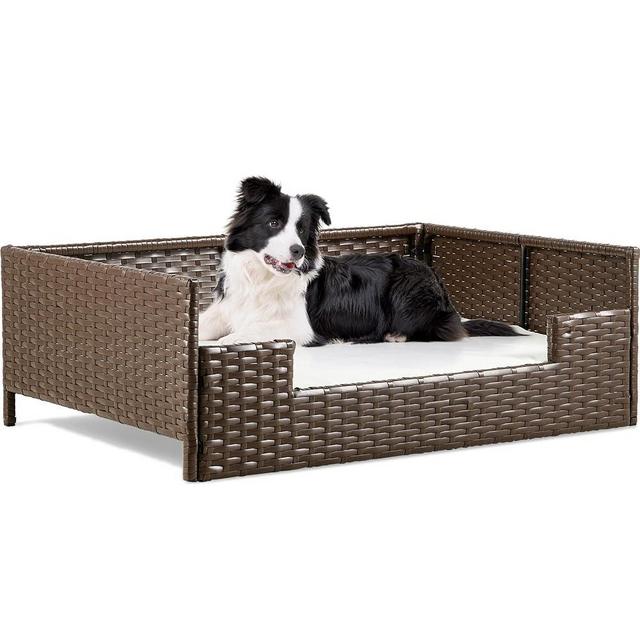 YITAHOME Rattan Dog Sofa Bed with Cushion,Wicker Pet Bed Sofa Couch Indoor Outdoor Water Resistant for Large Medium Small Dogs Cats (34.6''L*23.6''W*11.8''H,Beige)