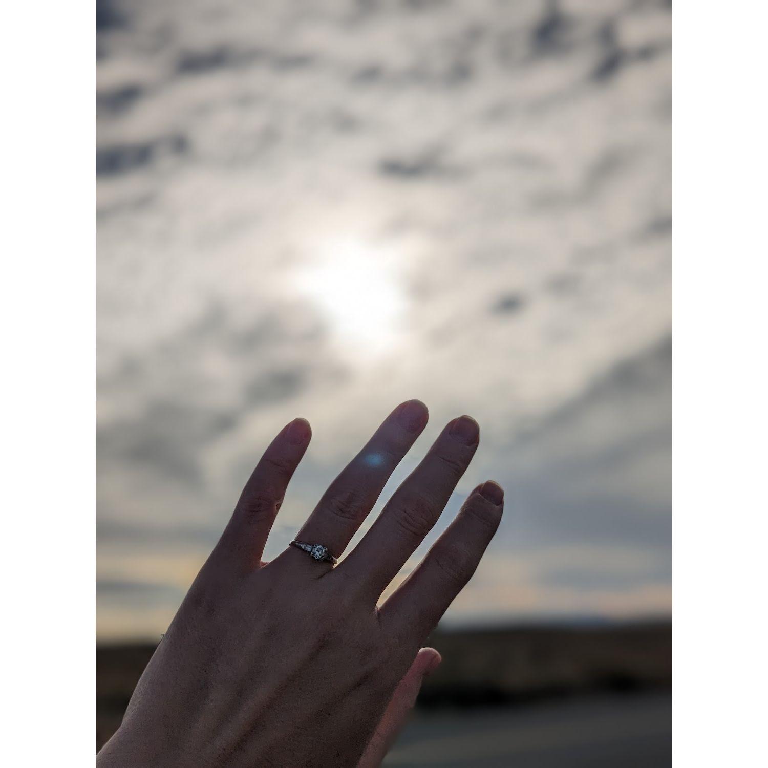 Right after the proposal during the total annularity of the solar eclipse, on the side of the road between Fort Rock and Christmas Valley, Oregon
