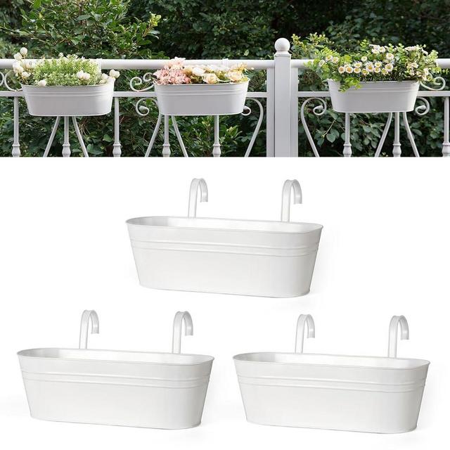 Dahey 3 Pcs Metal Iron Hanging Flower Pots for Railing Fence 15.7 Inch Hanging Bucket Pots Countryside Style Window Flower Plant Holder with Detachable Hooks for Garden Yard Home Decor, White