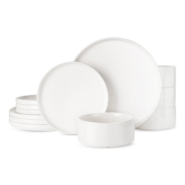 Famiware Porcelain Dinnerware Set, 12-Piece Modern Plate and Bowl Set, Dish Set for 4, Microwave and Dishwasher Safe Tableware, White