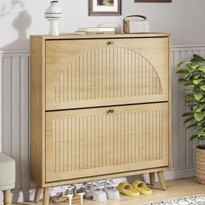 Shoe Storage Cabinet for Entryway with 2 Flip Drawers, Narrow Wood Shoe Cabinet with Fluted Panel, Freestanding Hidden Shoe Organizer for Foyer, Hallway (Wood Color - No Shelf)