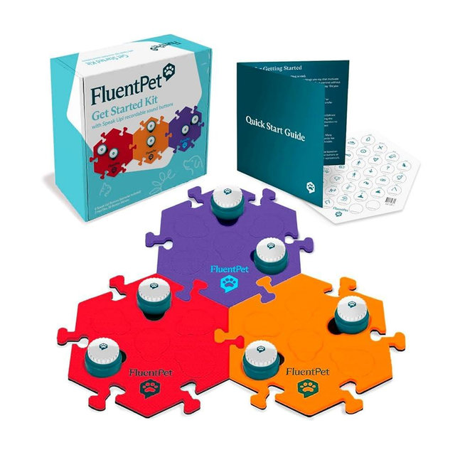 FluentPet Speak Up! Get Started Kit with Clearer Upward-Facing Sound | 6 Recordable Buttons w/Pre-Installed Batteries & 3 HexTile Button Mats | Training Dog & Cat Communication Buttons