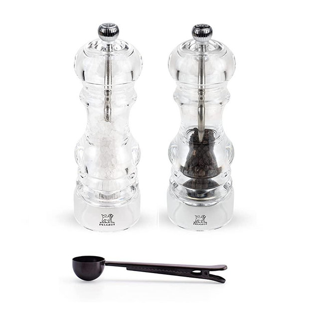 Peugeot Nancy Inch Salt & Pepper Mill Gift Set , Acrylic - With Stainless Steel Spice Scoop/Bag Clip (7 Inch)