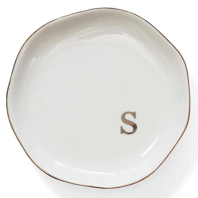 HOME SMILE Initials Ring Dish Jewery Tray with Personalized S-Monogrammed Engagement Wedding Gifts for Friends,Sister,Birthday Christmas Gifts for Women,Ceramic White
