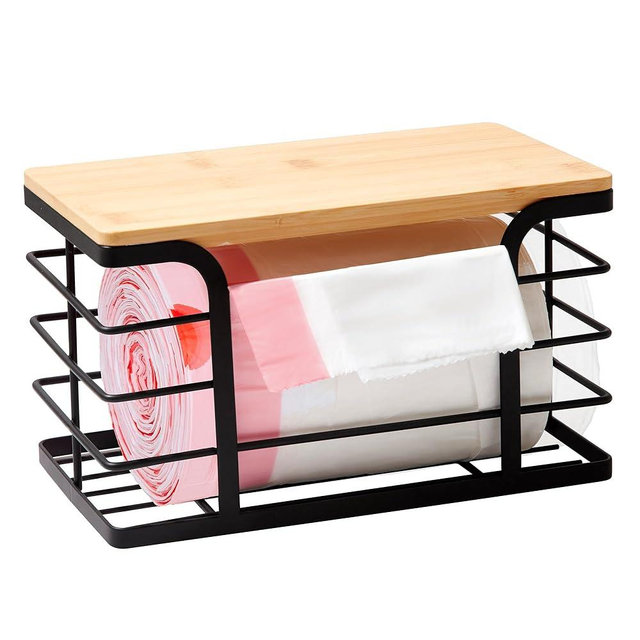 Stylstoreazy Trash Bag Holder with Bamboo Top,Stackable Storage for Kitchen Laundry Organizers,Wall Mount Garbage Bag Dispenser under Sink,Small