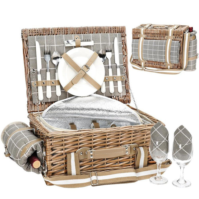 Picnic Basket for 2 with Blanket - Wicker Picnic Basket with Strap&Wine Bag | Willow Picnic Set for 2 Person with Insulated Cooler | Wicker Hamper with Cutlery Kit|Gift Basket for Christmas, Greycheck