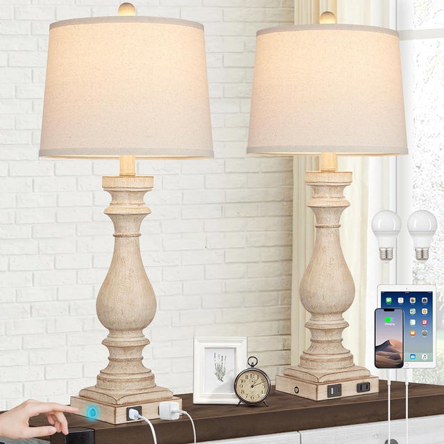 Cinkeda 29" Tall Table Lamp for Living Room Set of 2,Vintage Bedside Nightstand Lamps with USB C+A Ports & AC Outlet,3-Way Dimmable Touch Control White Washed Finish Desk Lamp for Bedroom,Color 1