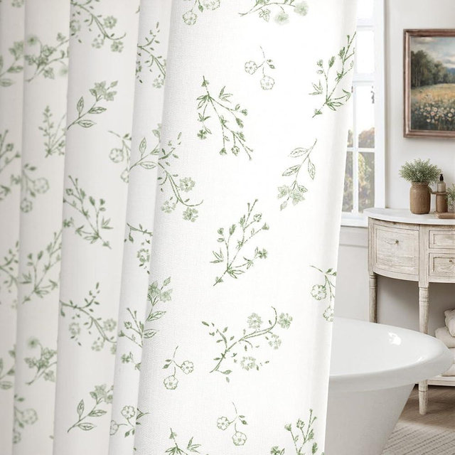 XOGUIBO Sage Green Floral Farmhouse Vintage Cotton Shower Curtain, French Country Shower Curtains for Bathroom, 72Wx72H