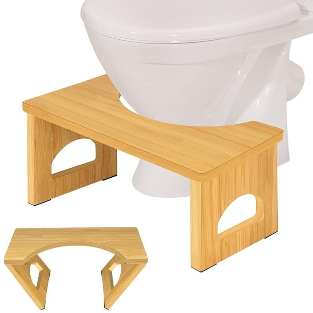 Foldable Toilet Stool, 7.5 Inch Poop Stool for Bathroom, Bamboo Toilet Stool Squat Adult, Collapsible Squatting Potty Stool with Non-Slip Strip - Helps Bathroom Posture and Comfort, Wood