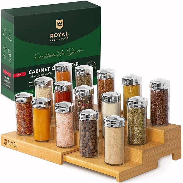 Bamboo Spice Organizer for Cabinet - Tiered Spice Rack Organizer for Cabinet or Countertop, Pantry Step Shelf (15.16"x 8.3" x 3.3")