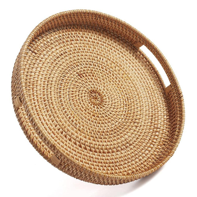 Coffee Table Tray Round Rattan Ottoman Tray Woven Serving Trays with Handles for Home and Kitchen Decorative Natural (Large 16.9 inch)