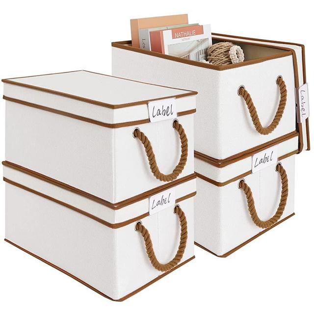 LoforHoney Home Fabric Storage Bins with Lids for Organizing, Foldable Storage Boxes with Lids for Shelves, Clothes Baskets with Cotton Rope Handles, Closet Storage Bins, Large, Beige, 4-Pack