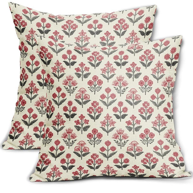 Black Red Christmas Floral Block Print Pillow Covers 18x18 Inch Set of 2, Vintage Flower Pattern Decorative Throw Pillowcases Outdoor Farmhouse Cushion Covers Holiday Rustic Sofa Couch Bed Decor
