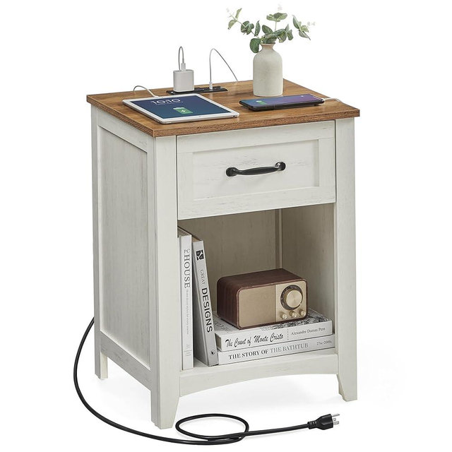 VASAGLE Farmhouse Nightstand with Charging Station, Bedside Table with Drawer, Open Compartment, Side Table with Storage, for Bedroom, Rustic White and Honey Brown ULET659K41
