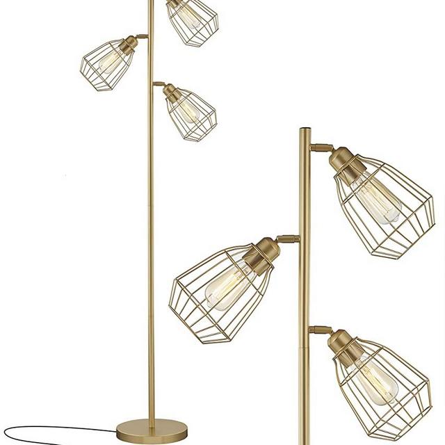 LeeZM Modern Gold Tree Floor Lamp Industrial Floor Lamps for Living Room Bedrooms Office with Bright Reading Lighting Farmhouse Rustic Vintage Standing Tall Lamp Golden Stand Up Lamp 3 Bulbs Included