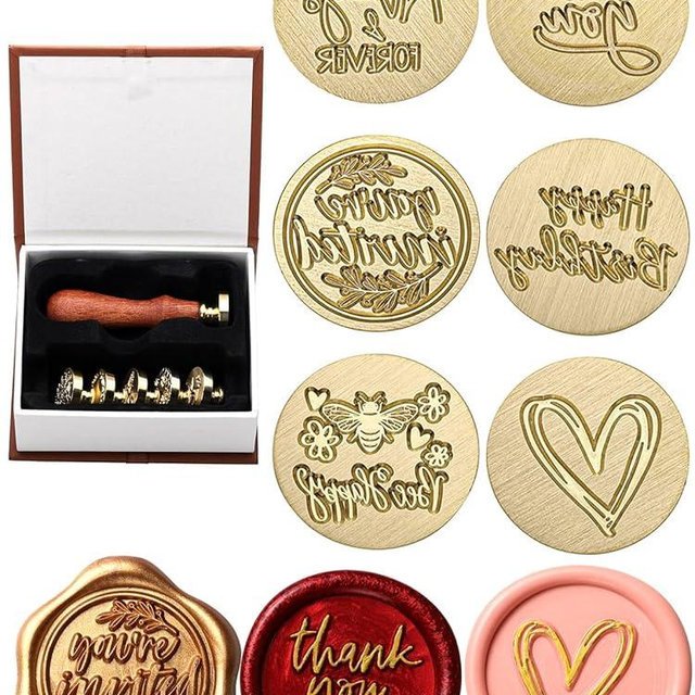 Yoption Wax Seal Stamp Gift Box Kit, 6 Pieces Blessing Sealing Wax Stamp Heads with 1 Wooden Hilt Set, Wax Stamp Kit for Envelopes Invitation Card Gift Decoration (Phrases Series)