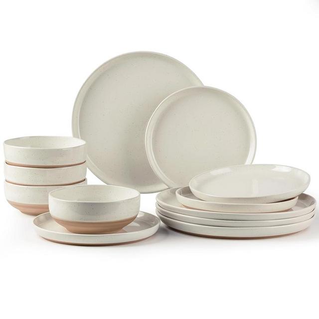 AmorArc Ceramic Dinnerware Sets for 4, 12 Pieces Handpainted Plates and Bowls Set with a wooden type color bottom, Scratch Resistant Stoneware Dishes Set, Dishwasher & Microwave Safe, Light Beige
