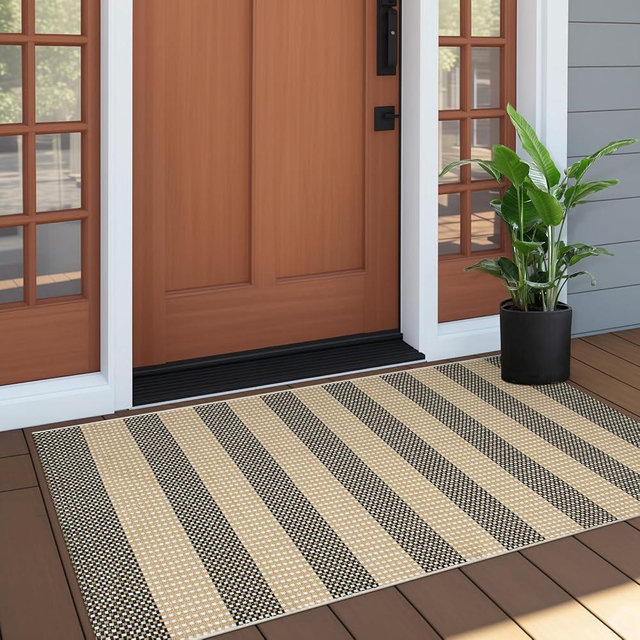 OJIA Front Door Rug 24"x51" Washable Front Door Mat Indoor Entrance Tan Washable Porch Rug Woven Striped Outdoor Mat Entryway Rugs Small Area Rug for Kitchen Entry Bathroom