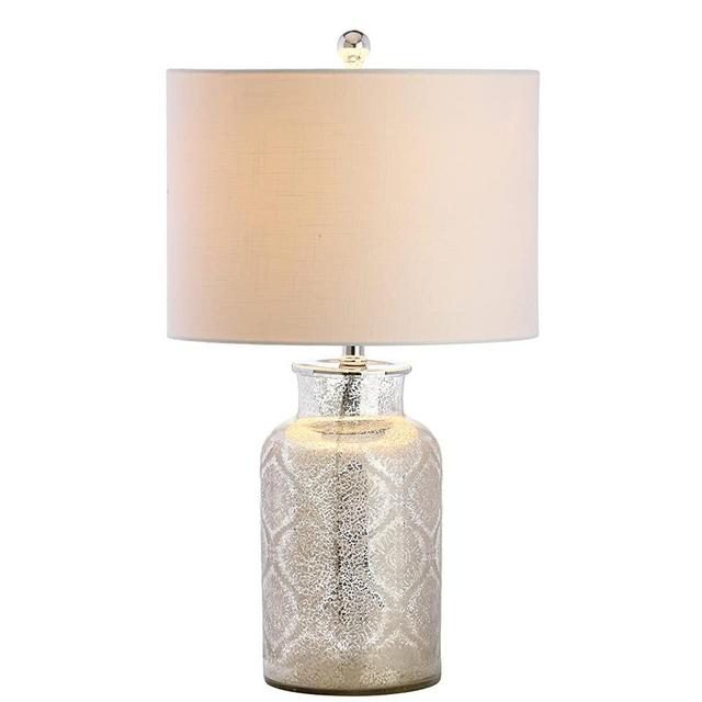 JONATHAN Y JYL1063A Emilia 24.5" Trellis Pattern Glass LED Table Lamp Contemporary Transitional Bedside Desk Nightstand Lamp for Bedroom Living Room Office College Bookcase, Mercury Silver