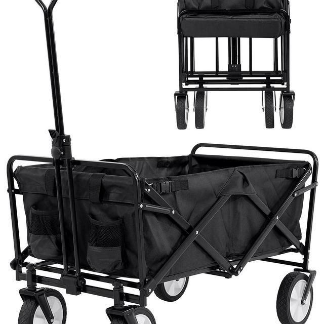 Hudada Collapsible Wagon Foldable Heavy Duty Steel Utility Outdoor Beach with Big Wheels for Sand, Garden Cart Grocery 360 Degree Swivel and Adjustable Handle, Black