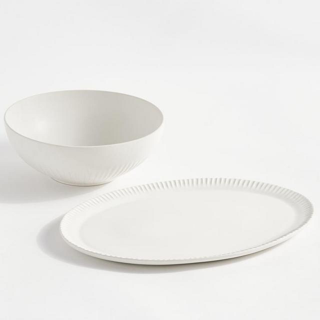 Ridge Textured Stoneware Serving Bowl and Platter Set - White