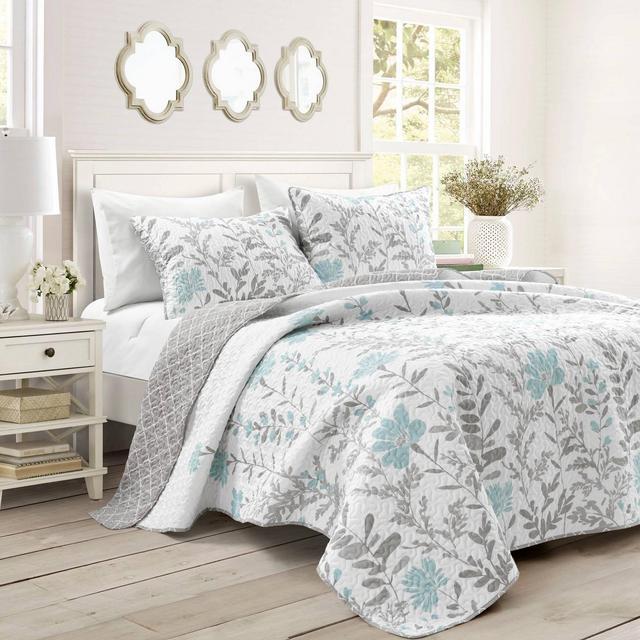 Linnea Blue Floral Quilt Set - King Quilt and Two King Shams Blue - Levtex  Home