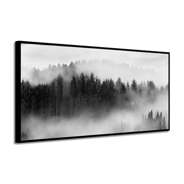Foggy Forest Framed Wall Art: Landscape Canvas Print Black & White Picture Artwork for Wall (48''W x 24''H)