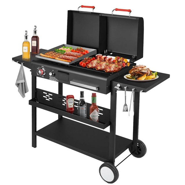 Llamaviva Charcoal and Gas Grill Combo with Black Dual Lids,Dual Fuel Propane Gas Grill With 2 Side Shelves for Outdoor Kitchen & Backyard Barbecue Cooking
