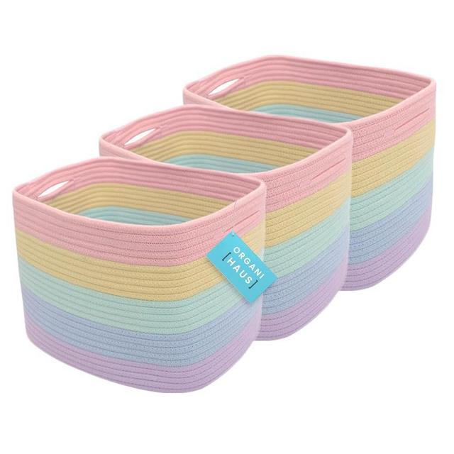 OrganiHaus Set of 3 Cute Rainbow Storage Basket for Toys & Cloths, Cotton Rope Basket for Decor, Shoe Basket Organizers, Decorative Pastel Storage Bins, Woven Storage Baskets for Organizing