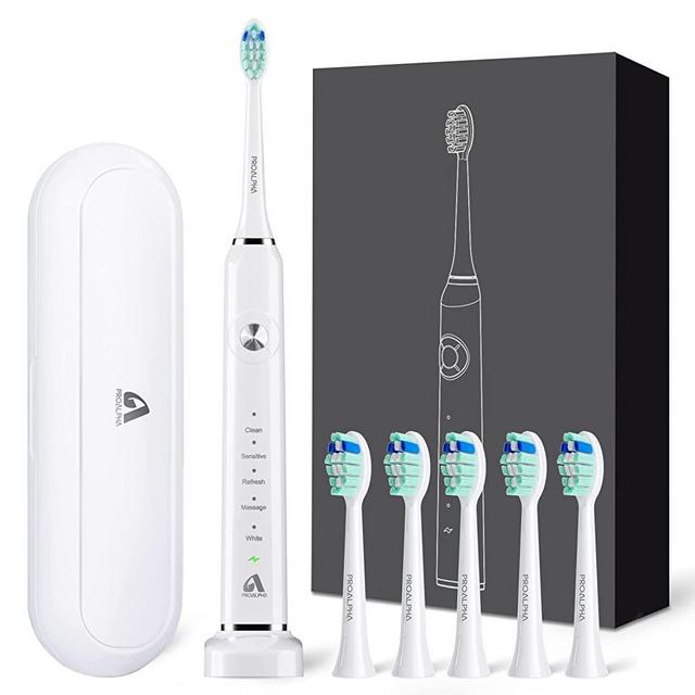 Sonic Electric Toothbrush for Adults with 6 Brush Heads and Travel Case, Wireless Fast Charge and Long Lasting, Smart Timer 5 Modes Whitening Toothbrushes by JTF, White
