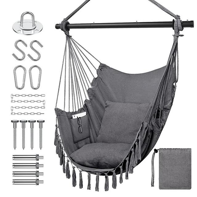 PETNOZ Large Hammock Chair w/Detachable Metal Support Bar, Hanging Chair Max 330 Lbs, 14 Hardwares, 2 Seat Cushions, Side Pocket, Hanging Rope Swing Chair for Indoor/Outdoor/Bedroom/Patio/Yard (Grey)
