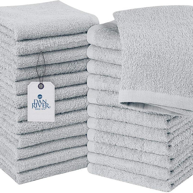 DAN RIVER 100% Cotton Washcloths 24 Pack Premium Quality Face and Body Cloth, Quick Dry Essential Towels for Bathroom, Hand, Kitchen & Cleaning, Baby Washcloths | 12X12 in | 400 GSM | Silver