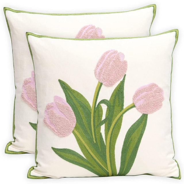 Pilmandu Pack of 2 Embroidered Decorative Throw Pillow Cover 18x18 Inch Farmhouse Floral Pillowcase for Living Room Sofa Bed (Pink Tulip)