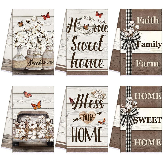 TecUnite 6 Pcs Farmhouse Rustic Kitchen Towels Farm Cotton Dish Towels Decorative Vintage Hand Towel for Cleaning Drying Wiping Tasks Women Mom Gifts Home Living Room Decor