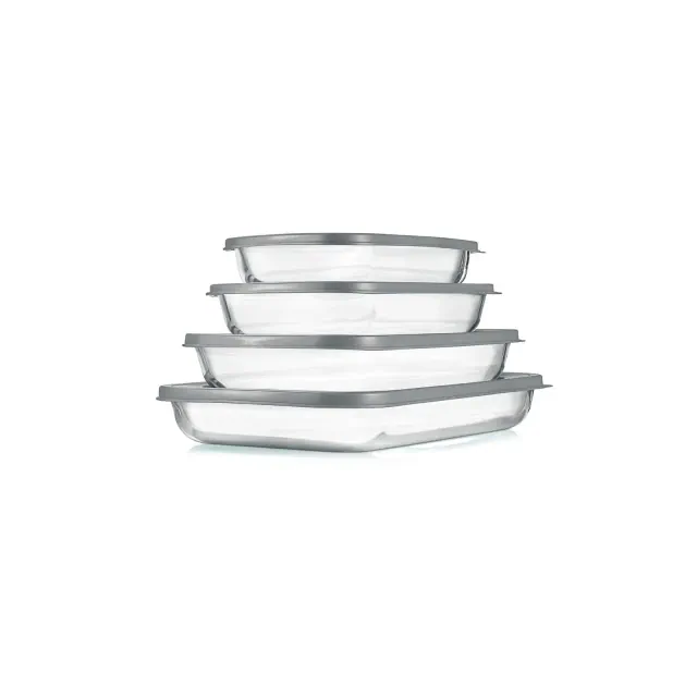 NutriChef 4-Piece High Borosilicate Glass Bakeware Set with BPA-Free Lids - Gray