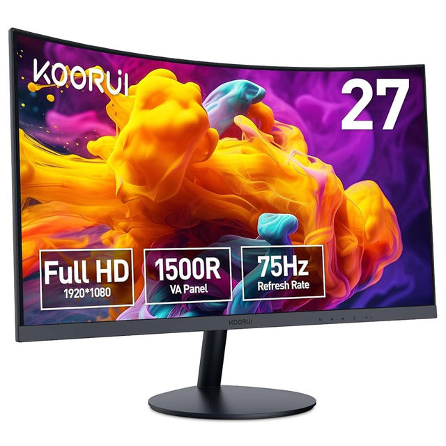 KOORUI 27 Inch Curved Monitor FHD 1080P 75Hz Computer Monitors PC Screen with HDMI VGA,Tilt Adjustable,1500R, Eye Care, Black, 27N5CA