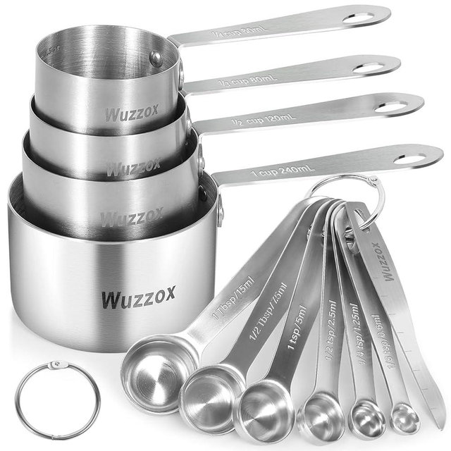 Wuzzox Stainless Steel Measuring Cups & Spoons Set of 11, Stackable Metal Measuring Cups & Spoons, Kitchen Gadgets for Cooking & Baking