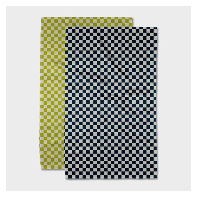 Geometry Tea Towel Set Lila: Modern Gingham Check, Quick Dry Microfiber, 2-Piece Kitchen Textile, Off-White/Black/Green