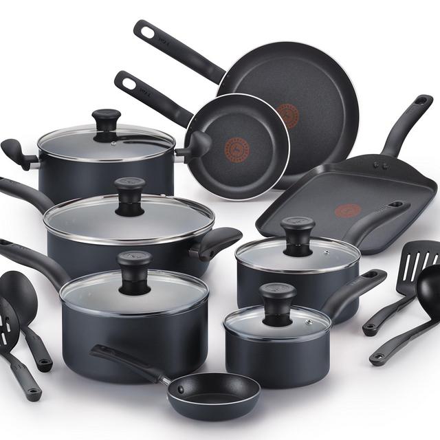 T-fal B167SI Initiatives Nonstick Inside and Out Dishwasher Safe Oven Safe Cookware Set, 18-Piece, Charcoal