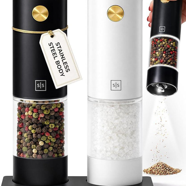 Rechargeable Electric Salt and Pepper Grinder Set – Sleek Stainless Steel White and Black Black Salt and Pepper Grinder Set with USB-C Charging, Adjustable Coarseness, LED Light, One Touch Control